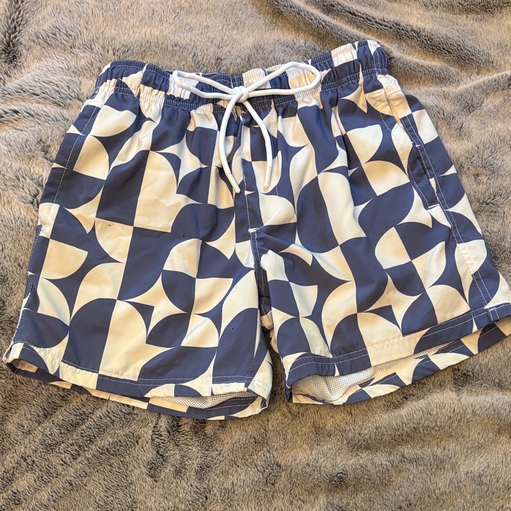 Cotton On Navy and Cream Geometric Swim Trunks